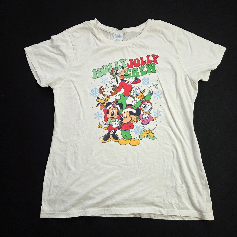 Port & Company Holly Jolly Crew Christmas T-Shirt‎ Ladies Large Mickey & Friends